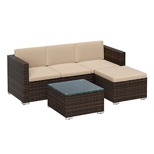 Set de Mobilier pentru Balcon  , Mobilier de Gradina din PE Poliratan, Set de Lounge cu Perne si Masa cu Blat de Sticla, Mobilier de Curte cu Canapea Coltar pentru Balcon si Curte, Maro Bej SONGMICS