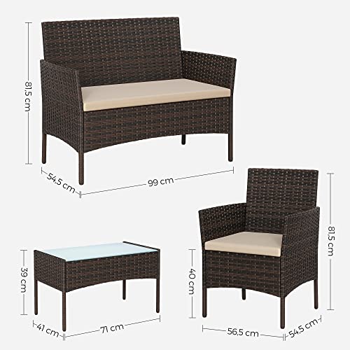 Set de Mobilier pentru Balcon  , Mobilier de Gradina din PE Poliratan, Set de Lounge pentru Curte cu Masa si Scaune, Mobilier de Gradina pentru Balcon si Curte, Maro Bej SONGMICS