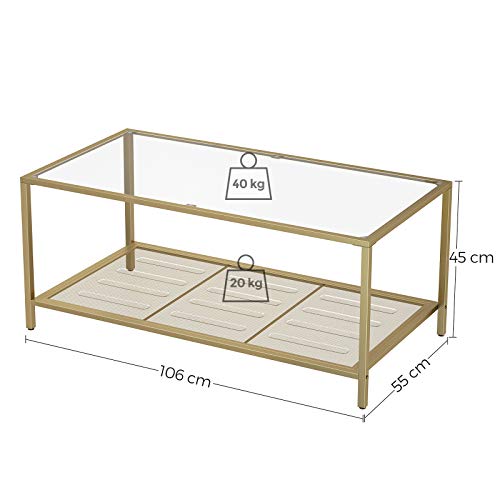 Masa de cafea cu blat din sticla securizata si raft de plasa, Masa de cocktail cu cadru stabil din otel, pentru living, Aur si Transparent LCT031A01, VASAGLE