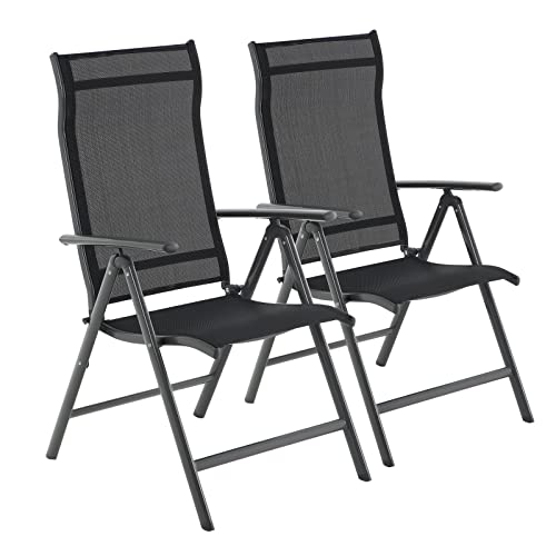 Set de 2 scaune pliabile pentru gradina, Scaune de exterior cu structura durabila din aluminiu, Spatar reglabil in 8 unghiuri, Capacitate maxima 120 kg, Negru SONGMICS
