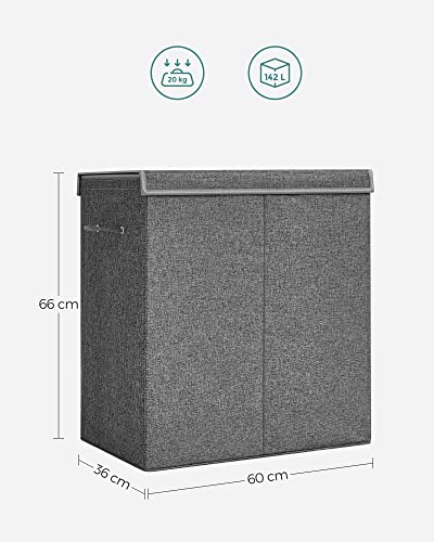 Cos de rufe de 142L, Cos pentru rufe murdare, Cos de rufe cu 2 compartimente cu capac magnetic si manere, pliabil, Sac de rufe detasabil, Material cu aspect de in, Gri inchis SONGMICS