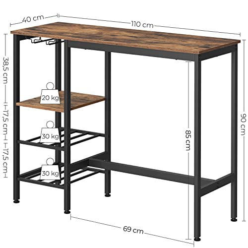 Masa inalta, Masa de Dining, Masa de Bar, cu Suport pentru Pahare si Suport pentru Sticle, pentru Camera de Zi, Bucatarie, 110 x 40 x 90 cm, Stil Industrial, Maro Rustic si Negru ., VASAGLE