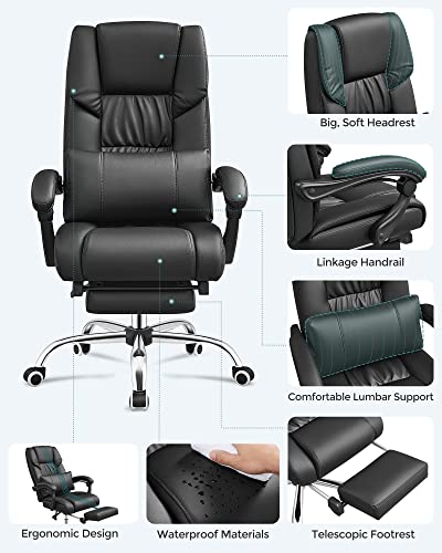Scaun de birou cu suport pentru picioare si perna lombara cu roti captusit ergonomic pivotant piele PU negru