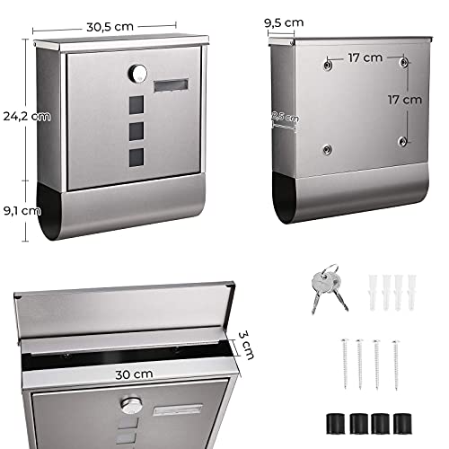 Cutie postala, Cutie pentru Scrisori Montata pe Perete, inchidere cu Capac cu Nucleu de Cupru, Suport pentru Ziar, Ferestre pentru Vizualizare si Placuta cu Nume, Usor de Instalat, Argintiu SONGMICS