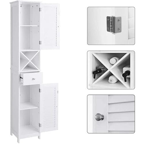 Cabinet la Podea, Cabinet inalt pentru Baie cu Usi Tip Obloane, Sertar si Suport in forma de X Detasabil, 32 x 30 x 170 cm, Stil Scandinavian, Alb, VASAGLE