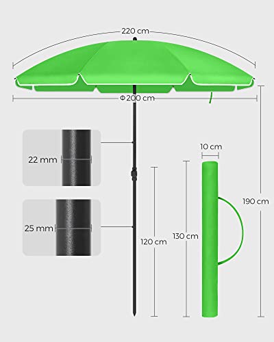 Umbrela de Plaja 2 m, Umbrela de Soare, Protectie Solara cu UPF 50+, Canopie Octogonala din Poliester Portabila, Spiroizi din Fiberglass, Mecanism de inclinare, Geanta de Transport, pentru Plaja, Gradina, Balcon, Piscina, Verde SONGMICS