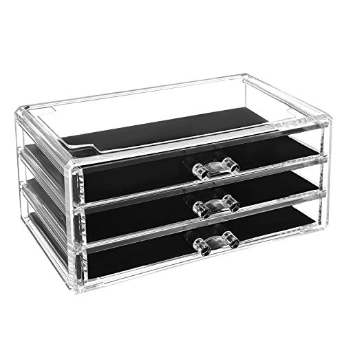 Organizator pentru Machiaj, Set de 2 Cutii de Depozitare pentru Bijuterii si Cosmetice, Suprapunere, cu 5 Sertare, Polistiren Transparent SONGMICS