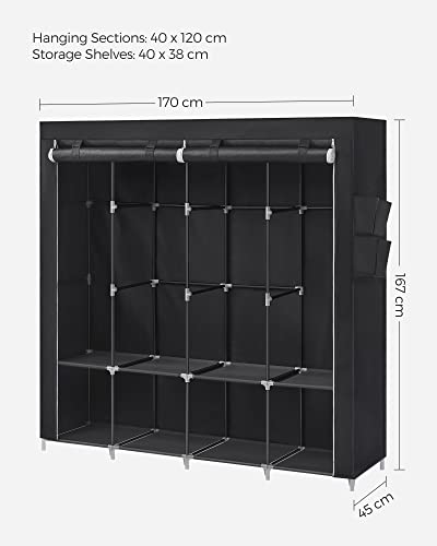 Dulap pentru Haine, Dulap Portabil, Organizator pentru Haine cu 4 Bare de Asezare, Rafturi, 4 Buzunare Laterale, 45 x 170 x 167 cm, Capacitate Mare pentru Dormitor, Sufragerie, Negru SONGMICS