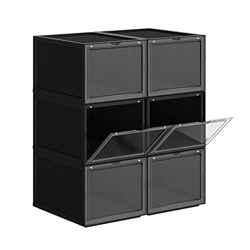 Cutie pentru Pantofi, Organizator de Pantofi Suprapunere, Stocare pentru Pantofi din Plastic cu Usa Transparenta, Usor de Asamblat, Set de 6, 28 x 36 x 22 cm, Potrivite pentru Marimea 45 UK, Negre SONGMICS