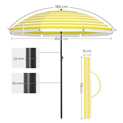 Umbrela de Plaja 1.6 m, Umbrela de Soare, Protectie Solara cu UPF 50+, Canopie Octogonala Portabila, Mecanism de inclinare, Ventilatie, Geanta de Transport, pentru Plaja, Gradini, Balcon, Piscina, Dungi Galbene si Albe SONGMICS