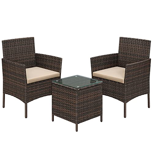 Set de Mobilier pentru Balcon  , Mobilier de Gradina din PE Poliratan, Set de Lounge cu Masa si 2 Scaune, Mobilier de Gradina pentru Balcon si Curte, Maro Bej SONGMICS