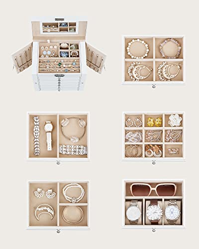 Cutie de bijuterii 6 nivele, Cutie de bijuterii cu 5 sertare, Capacitate mare de depozitare, cu oglinda, cu blocare, Organizator de depozitare bijuterii, pentru ceasuri, Alb