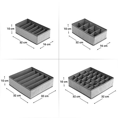 Set  de 4 Separatoare pentru Sertare, Organizator Pliabil pentru Lenjerie, pentru Sutieni, Chiloti, sosete, Cravate, Cutit din tesatura Linenette, Economisire Spatiu, Gri SONGMICS