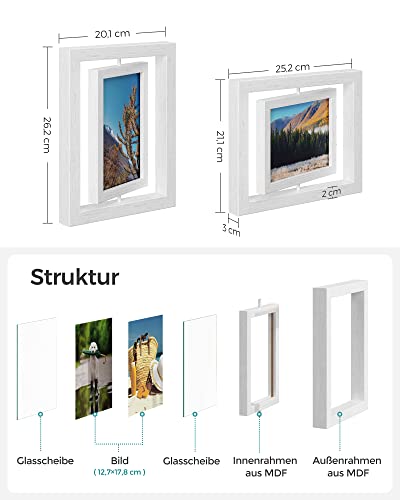 Set de 2 Rame Foto Rotative pentru Poze de 13 x 18 cm (5 x 7 inch) cu 2 Panouri de Sticla pentru Asezare in Picioare sau Agatare MDF Alb SONGMICS