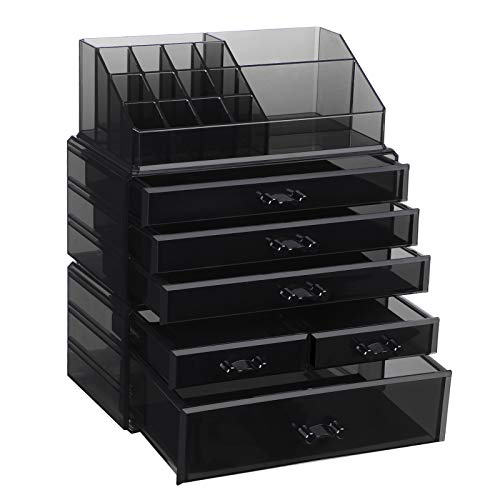 Organizator Mare din Acrilic pentru Machiaj, Cutie pentru Cosmetice cu 6 Sertare, pentru Palete, Pensule, Fond de Ten, Rujuri, Oje, Agrafe de Par, Cadou Minunat pentru Cei Dragi, Negru SONGMICS