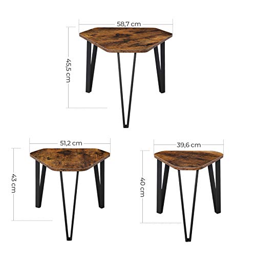 Masuta de Cafea cu Nesting, Set de 3 Masute Laterale pentru Living, Masute de Stivuire, Robuste si Usor de Asamblat, Structura din Otel, Stil Industrial, Maro Rustic si Negru, VASAGLE