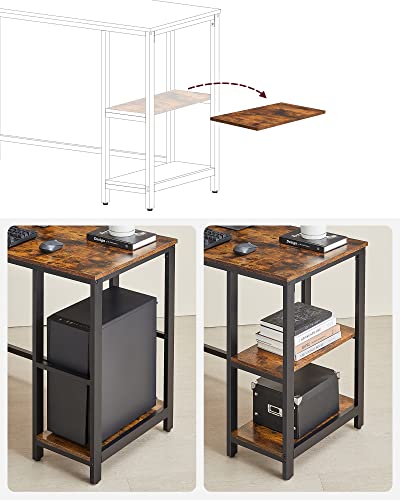 Birou calculator pe colt, in forma de L, cu 2 rafturi, cadru metalic, usor de asamblat, industrial, maro si negru, 138 x 138 x 76 cm, Vasagle