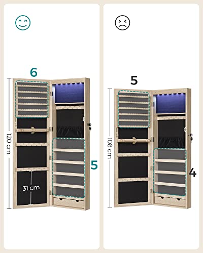 Dulap cu Bijuterii  cu inchidere, Cabinet cu Oglinda, Cabinet de Perete cu Oglinda si Compartimente Multiple, Montat pe Perete sau Usa pentru Coliere Cercei, Stejar SONGMICS