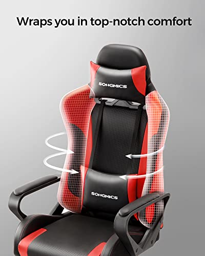 Scaun de Gaming, Scaun de Calculator, Scaun de Birou, Tetiera Detasabila, Perna Lombara, Reglabil pe inaltime, Functie de Leganare, Capacitate Maxima de 150 kg, Ergonomic, Negru/Rosu SONGMICS