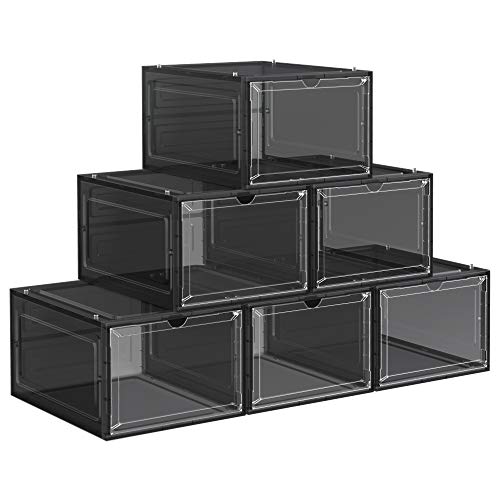 Cutii pentru Pantofi, Organizatoare de Stocare pentru Pantofi din Plastic cu Usi Transparente, Set de 6, Suprapunere, Asamblare Usoara, 27 x 34.5 x 19 cm, Potrivite pentru Marimea 45 UK, Negre SONGMICS