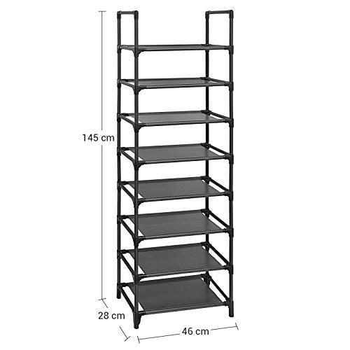 Suport pentru Pantofi cu 8 Etaje, Raft pentru Pantofi, Organizator pentru Pantofi, Economisire de Spatiu, 28 x 46 x 145 cm, Structura din Metal, Rafturi din tesatura netesuta, pentru Hol, Dormitor, Negru SONGMICS