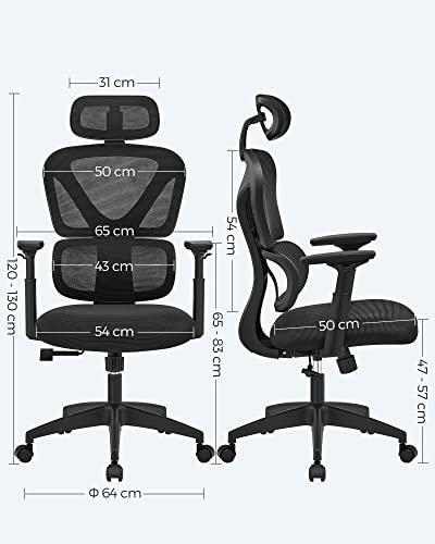 Scaun de birou, Scaun de birou pentru birou, Scaun rotativ ergonomic, Husa de plasa, Spatar reglabil in 4 trepte, Capacitate maxima de incarcare 150 kg, Negru SONGMICS