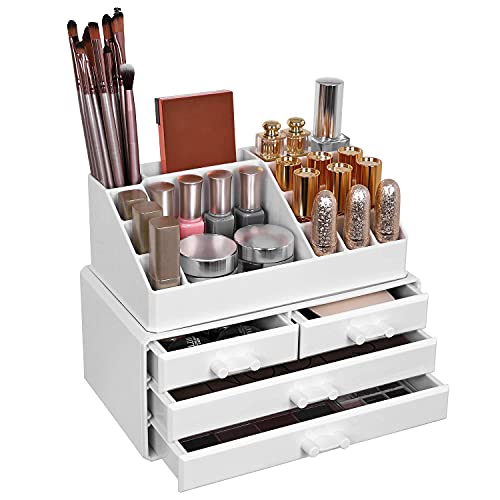 Organizator Cosmetice, Suport de Depozitare pentru Machiaj cu 4 Sertare si 16 Compartimente de Dimensiuni Diferite, Pernite Antiderapante, pentru Machiaj si Accesorii de Bijuterii, Alb SONGMICS