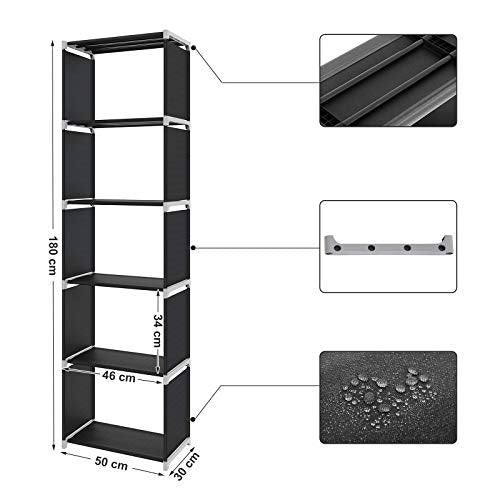 Raft de depozitare, Biblioteca cu 5 etaje, Organizator de haine, Fiecare raft suporta 5 kg, 50 x 30 x 180 cm, pentru camera de zi, dormitor, dulap, Negru SONGMICS