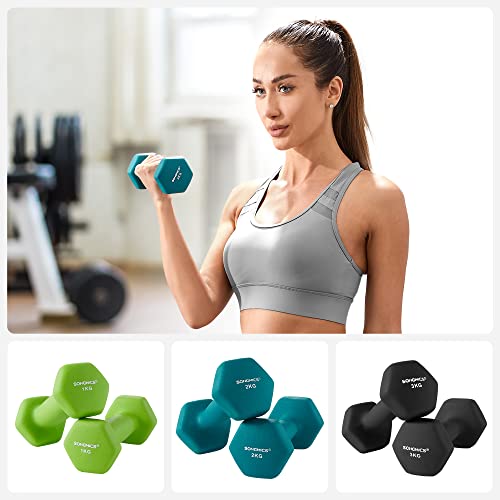 Set de gantere hexagonale  cu suport - 2 x 1 kg, 2 x 2 kg, 2 x 3 kg, finisaj mat din neopren, gantere de mana pentru exercitii acasa, lime, teal si gri inchis SONGMICS