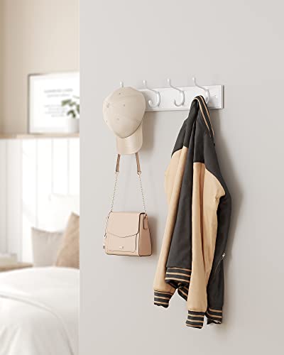 Suport de haine montat pe perete cu 4 carlige metalice, Cuier de perete din lemn pentru Dormitor, Antreu, Baie, Alb SONGMICS