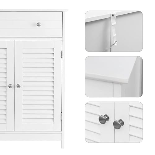 Cabinet pentru Baie, Unitate Organizatoare de Depozitare, 60 x 30 x 80 cm, Dulap cu 2 Usi cu Placi Perforate, Sertar, Raft Reglabil, Stil Nordic Scandinavian, Alb Mat ., VASAGLE