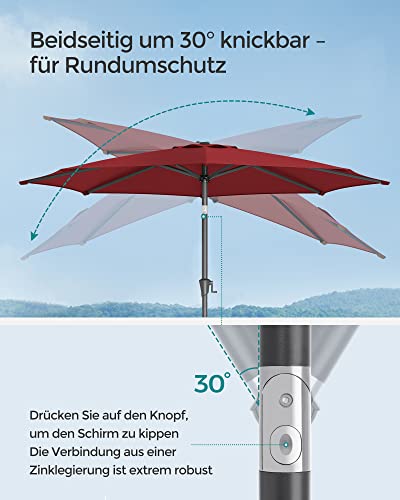 Umbrela de Gradina de 290 cm, Protectie UPF 50+, Parasolar de Soare, inclinare la 30° in 2 Directii, Manivela pentru Deschidere si inchidere, pentru Gradini in Aer Liber, Piscine, Balcoane, Terasa, Baza nu este Inclusa, Rosu SONGMICS