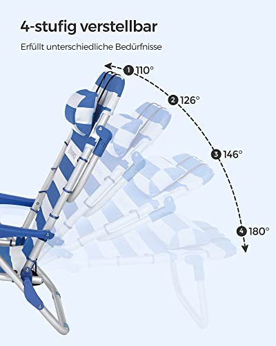 Scaun de Plaja, Scaun Pliabil de Camping, Scaun Portabil pentru Exterioare, Se Poate Purta ca un Rucsac, cu Spatar Reglabil, Suport pentru Cap, Suport pentru Brate, 2 Buzunare Laterale, Albastru si Alb SONGMICS