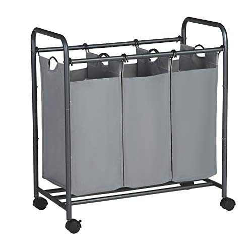 Sortator de rufe cu role, Cos de rufe cu 3 saci detasabili, Carucior pentru rufe, Organizator pentru jucarii cu roti, Stabil, 3 x 44L, Gri SONGMICS