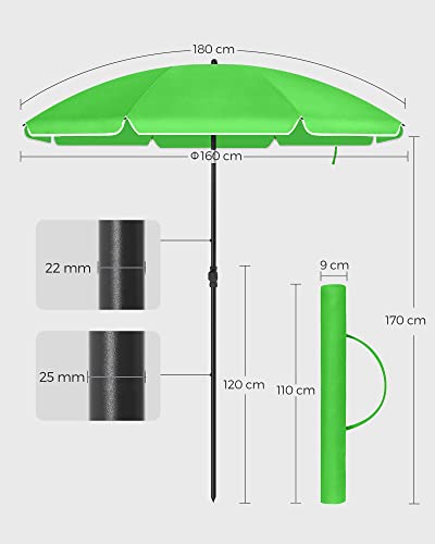 Umbrela de Plaja 1.6 m, Umbrela de Soare, Protectie Solara cu UPF 50+, Canopie Octogonala din Poliester Portabila, Spiroizi din Fiberglass, Mecanism de inclinare, Geanta de Transport, pentru Plaja, Gradina, Balcon, Piscina, Verde SONGMICS