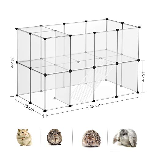 Gard pentru Porcusori de Guineea, Cusca C si C cu Scari, 143 x 73 x 91 cm, Spatiu de Exercitiu pentru Animale de Companie, Gard din Plastic DIY pentru Hamsteri, Iepurasi, Animale Mici, Transparent SONGMICS