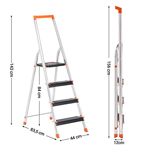 Scara  cu 4 Trepte, Scara din Aluminiu cu Trepte Late de 12 cm, Scara Pliabila cu Tava pentru Unelte si Picioruse Antiderapante, Capacitate Statica Maxima 150 kg, Testata de TÜV Rheinland, Certificare GS EN131, Negru SONGMICS