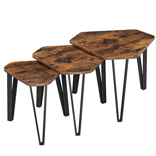 Masuta de Cafea cu Nesting, Set de 3 Masute Laterale pentru Living, Masute de Stivuire, Robuste si Usor de Asamblat, Structura din Otel, Stil Industrial, Maro Rustic si Negru, VASAGLE