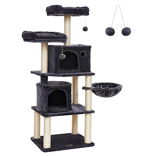 Ansamblu de joaca pentru pisici, turn inalt pentru pisici, 2 pesteri, gri fumuriu, 55 x 45 x 152 cm, FEANDREA