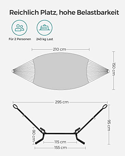 Hamac  cu Stalp, Hamac 210 x 150 cm, 5 inaltimi Ajustabile, Hamac Portabil cu Cadru Metalic, Capacitate de incarcare 240 kg, Patio, Gradina, Curte, Stalp Negru si Hamac Gri SONGMICS