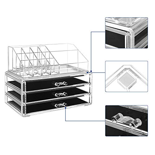 Organizator de Machiaj, Set de 2 Cutii pentru Machiaj, Organizator Cosmetice cu 3 Sertare si 15 Compartimente Variate, pentru Rujuri, Pensule, Transparent SONGMICS