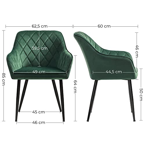 Set de 2 scaune tapitate cu brate  , latimea sezutului de 49 cm, picioare metalice, husa din catifea, capacitate maxima de incarcare 110 kg, pentru studiu, camera de zi, dormitor, verde SONGMICS