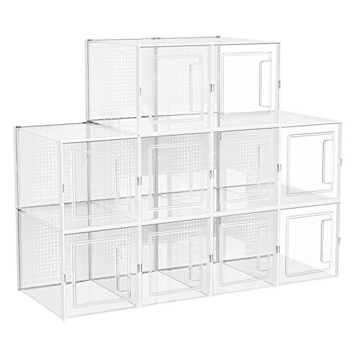 Cutii de Pantofi inalte, Set de 10 Organizatoare de Stocare din Plastic pentru Pantofi cu Toc inalt, Cizme la Glezna, Bocanci Cu Toc, Suprapunere si Pliabile, Usa Frontala Transparenta, Transparent SONGMICS