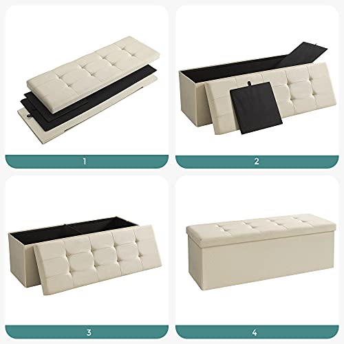 Cutie de depozitare pliabila, Banca captusita, Scaunel pentru picioare cu capac, Material din imitatie de in, 120L, Suporta pana la 300 kg, 110 x 38 x 38 cm (L x l x i), Bej SONGMICS