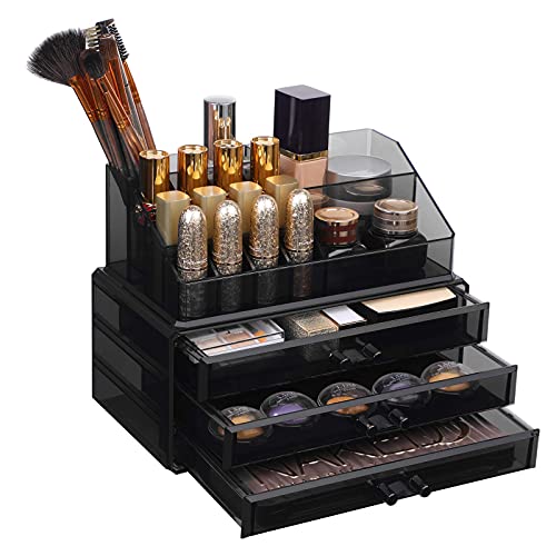 Organizator Mare din Acrilic pentru Machiaj, Cutie pentru Cosmetice cu 6 Sertare, pentru Palete, Pensule, Fond de Ten, Rujuri, Oje, Agrafe de Par, Cadou Minunat pentru Cei Dragi, Negru SONGMICS