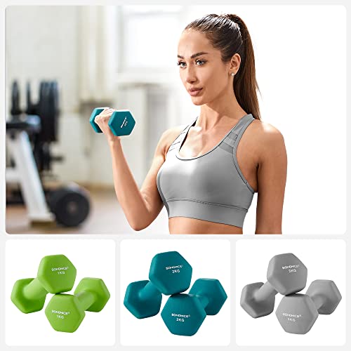 Set de gantere hexagonale  cu suport - 2 x 1 kg, 2 x 2 kg, 2 x 3 kg, finisaj mat din neopren, gantere de mana pentru exercitii acasa, lime, teal si gri deschis SONGMICS