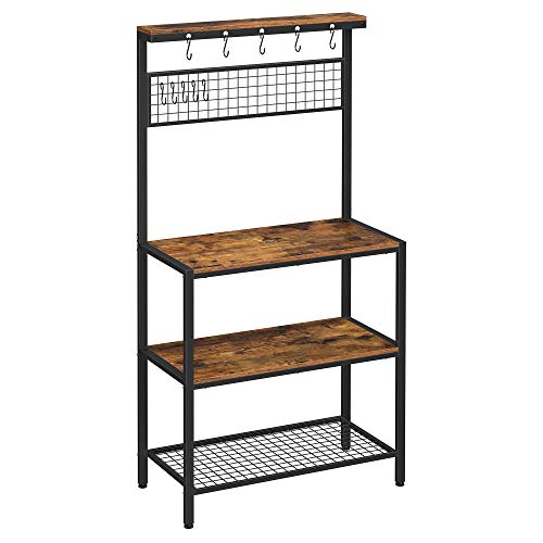 Rack de Bucatar Industrial , Unitate de Bucatarie cu Polite de Depozitare, 10 Carlige si Polita cu Plasa Metalica, Polita pentru Cuptorul cu Microunde si Ustensile, 84 x 40 x 170 cm, Maro Rustic, VASAGLE