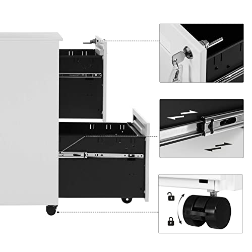 Cabinet de Fisiere Mobil , cu 2 Sertare, Blocabil, pentru Documente de Birou, Fisiere Suspendate, Pre-Asamblat, 39 x 45 x 69,5 cm (L x l x i), Alb SONGMICS