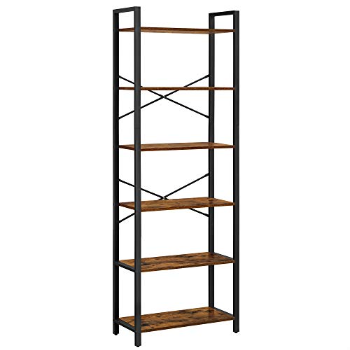 Biblioteca, Unitate de rafturi cu 6 etaje cu cadru din otel, Rafturi rustice pentru camera de zi, birou, studiu, hol, Stil industrial, 66 x 30 x 186 cm, Maro rustic si Negru, VASAGLE