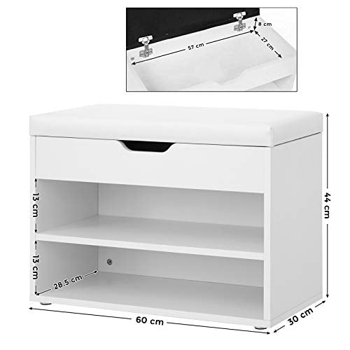 Suport pentru pantofi cu capac cu balamale si scaun captusit, organizator de pantofi cu 2 compartimente, 60 x 30 x 44 cm, alb, VASAGLE